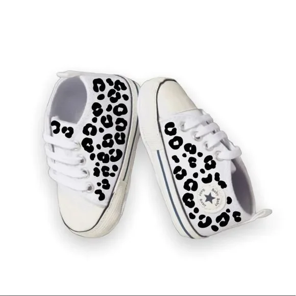 Infant baby girl shoes, walker, cute custom design, white w/ black leopard print - Picture 3 of 4